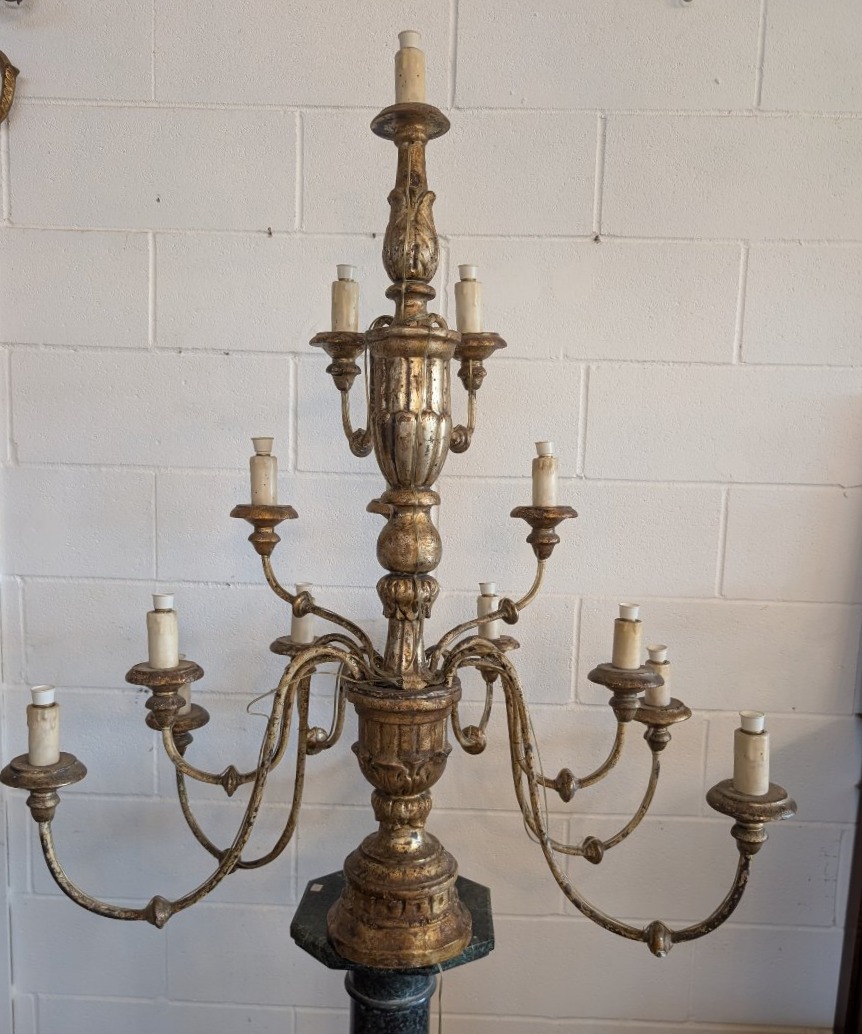 Antique Fifteen-light Church Candelabrum Made Of Gilded Wood – Tuscany, Late 18th Century.-photo-5