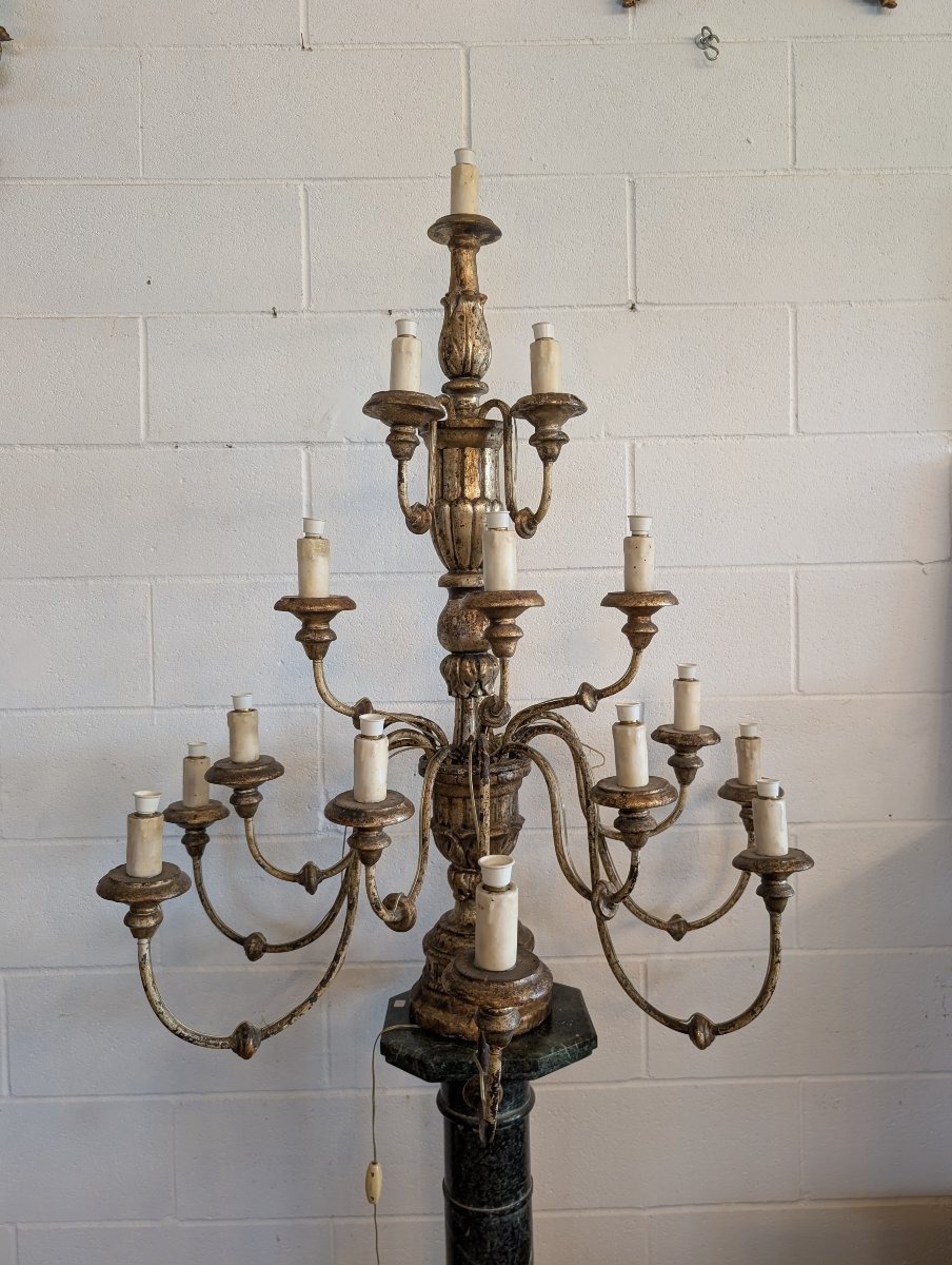 Antique Fifteen-light Church Candelabrum Made Of Gilded Wood – Tuscany, Late 18th Century.-photo-6