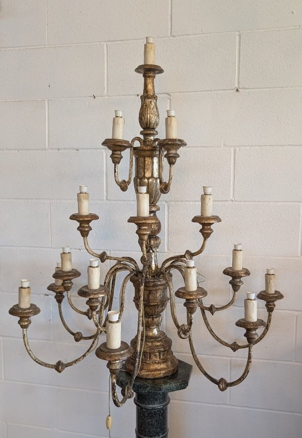 Antique Fifteen-light Church Candelabrum Made Of Gilded Wood – Tuscany, Late 18th Century.-photo-8