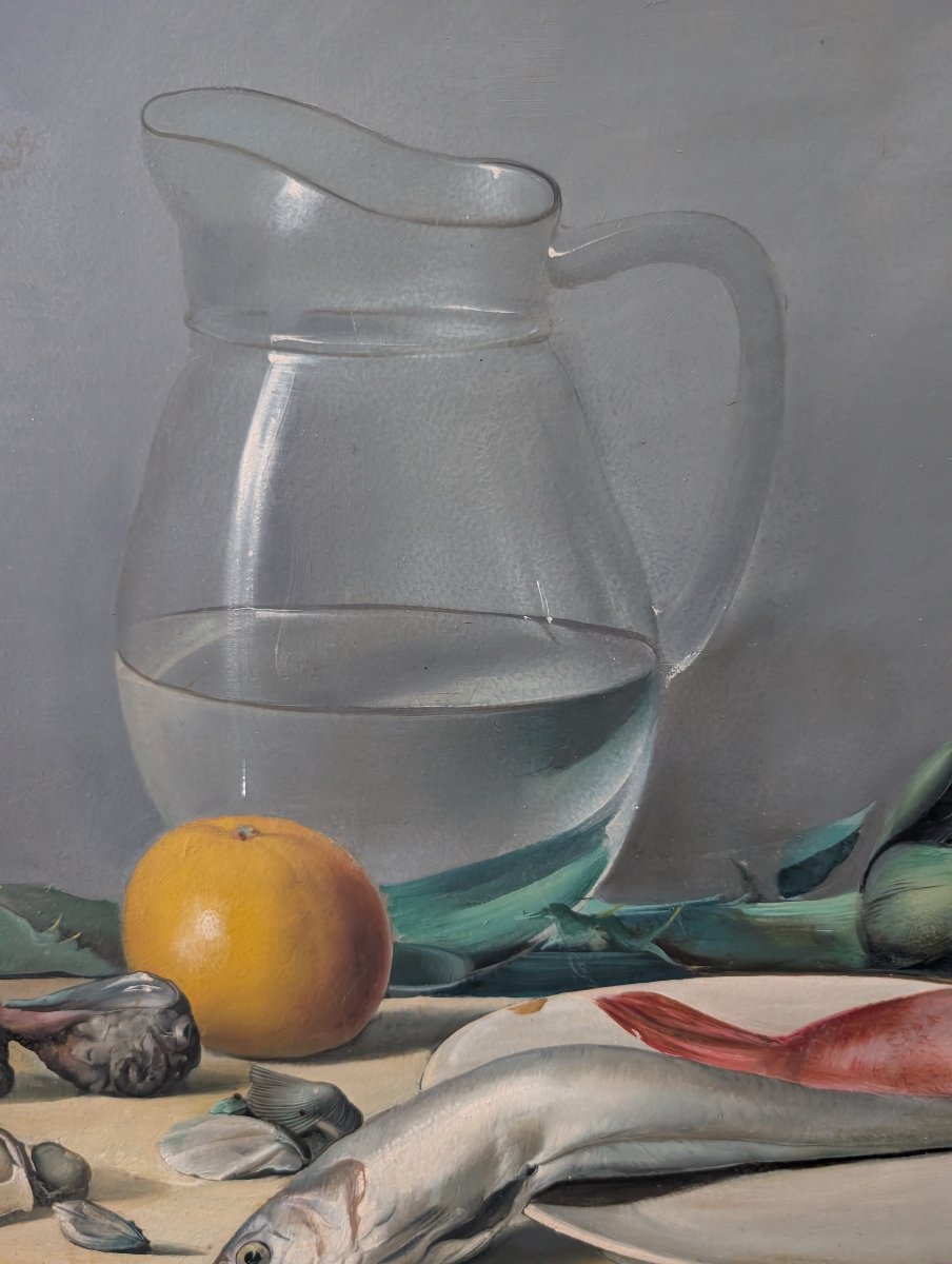 Nature morte aux poissons, artichauts et pichet en verre – XXe siècle-photo-4