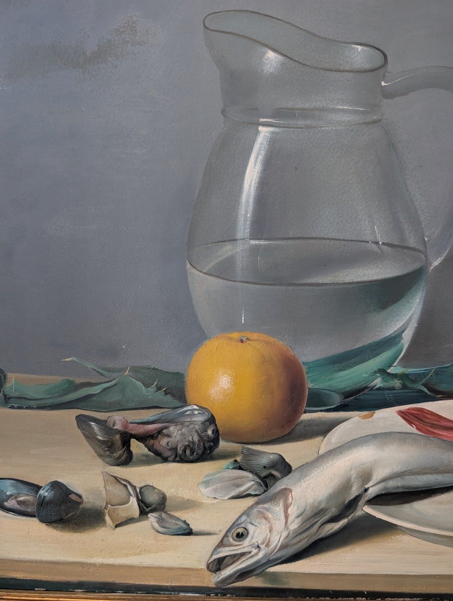Nature morte aux poissons, artichauts et pichet en verre – XXe siècle-photo-2