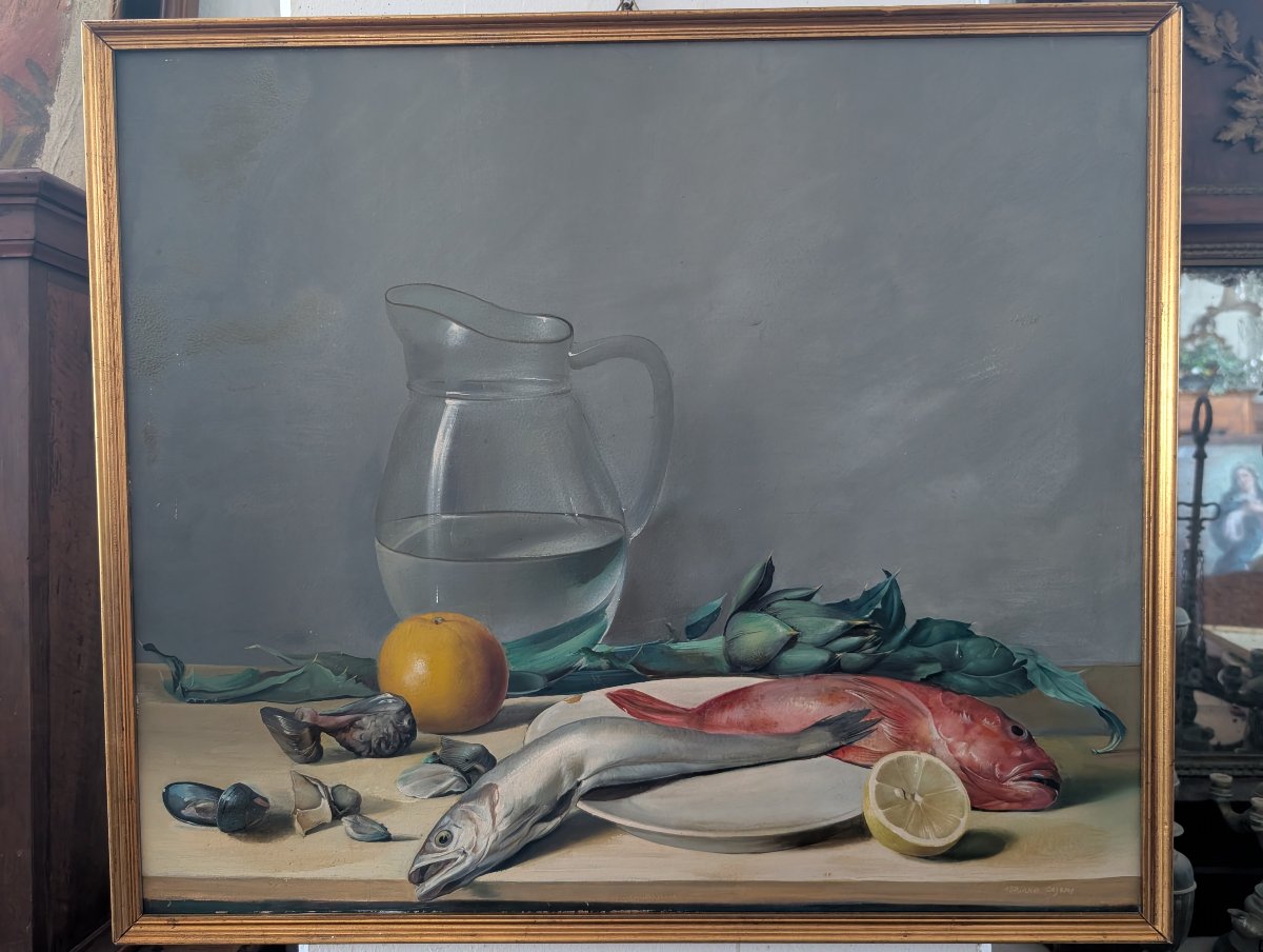 Nature morte aux poissons, artichauts et pichet en verre – XXe siècle-photo-6