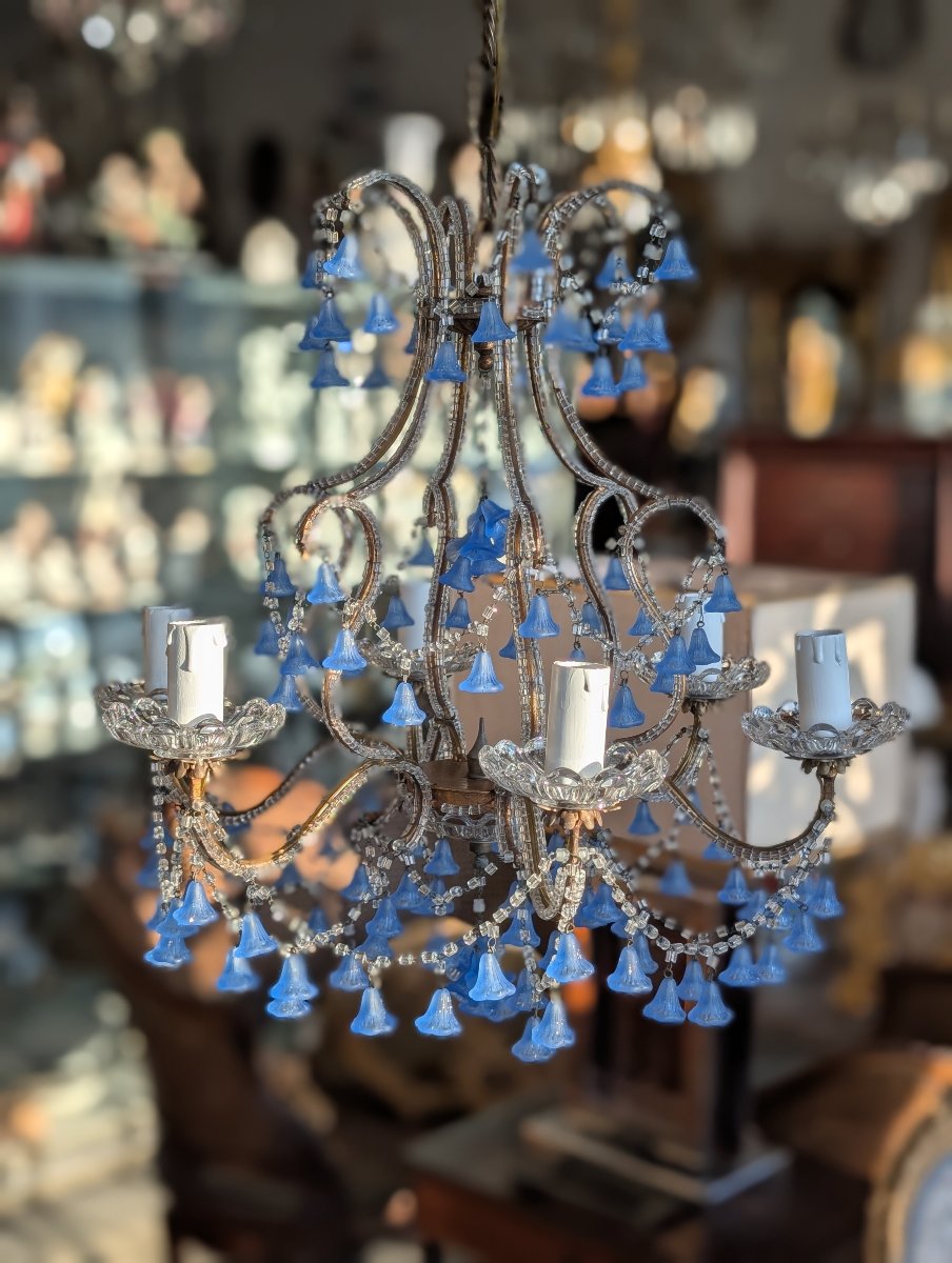 Five-light Chandelier With Blue Glass Pendants – First Half Of The 20th Century