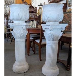 Pair of White Marble Columns with Vase – Early 20th Century