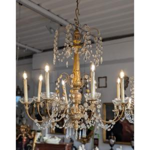 Genoese 8-light Chandelier In Carved Giltwood And Crystal, Late 19th Century