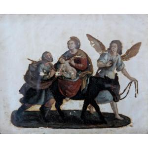 Peinture à l’huile sous verre représentant la Fuite en Égypte – fin XVIIIe siècle