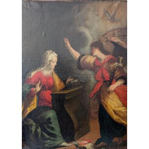 Annonciation, peinture à l’huile sur toile, fin XVIIe siècle, cm 78 x 100