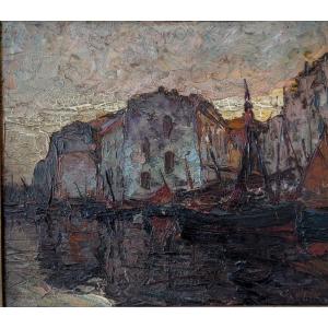 Louis Bonamici, Lively Harbor, Oil On Panel, 42 X 33 Cm