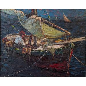 Louis Bonamici, Fishing Boat, Oil On Panel, 20th Century
