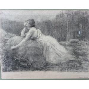 Henry Sollier – Dessin Sur Papier Dans Un Cadre Avec Incrustations En Pierres Dures Début XXe S
