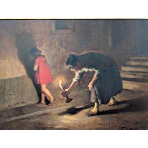 Cafiero Filippelli – Intérieur Nocturne aux Figures, Huile sur Panneau, Années 1930