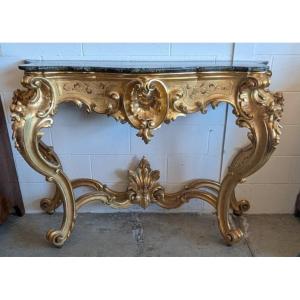 Large Gilded Tuscan Console Table With Green Alpi Marble Top – 19th Century