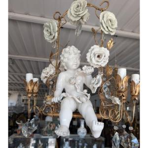 Lustre à 6 Lumières avec Putto en Porcelaine, Cristaux et Roses – Années 1950