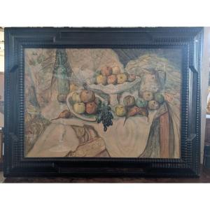 Nature morte aux fruits et poisson – Aquarelle sur carton, première moitié du XXe siècle
