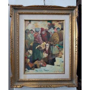 Giulio Da Vicchio (1925-2004) – "market", Oil On Canvas, 30 X 40 Cm