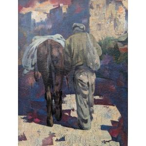 Giulio Da Vicchio – Farmer Leading A Mule Through A Village Oil On Canvas