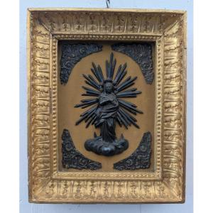 Genoese Devotional Image In Silver Set In A Gilded Wooden Frame