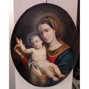 Vierge à l'Enfant – Peinture de dévotion ovale de la fin du XIXe siècle