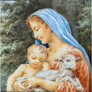 Plaque en faïence Molaroni, Pesaro – Vierge à l'Enfant avec l'Agneau Début du XXᵉ siècle