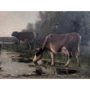 Richard Burnier (1826–1884) Paysage hollandais avec bovins au pâturage