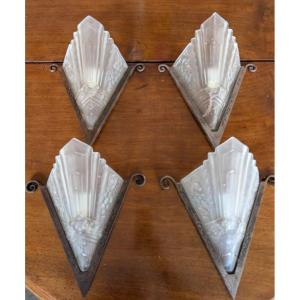 English Set Of Four Art Deco Iron And Pressed Satin Glass Wall Lights – 1940s