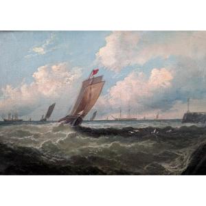 Marine avec bateaux de pêche près de la côte – Première moitié du XIXe siècle