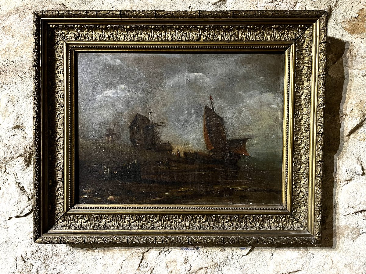 Dutch Painting "windmill And Boat", 19th Century-photo-2