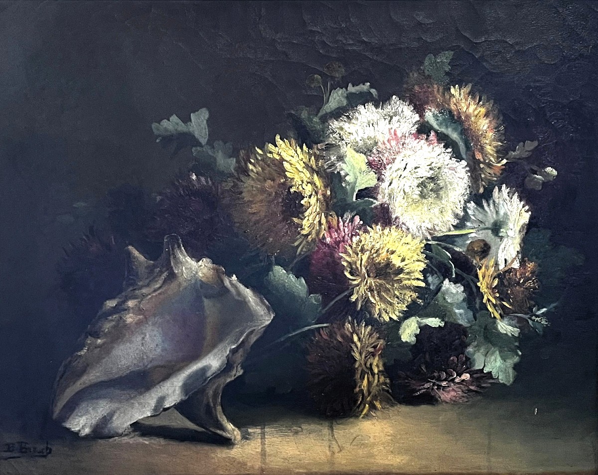 Fleurs et coquillage, tableau encadré, huile sur toile, début 20ème siècle