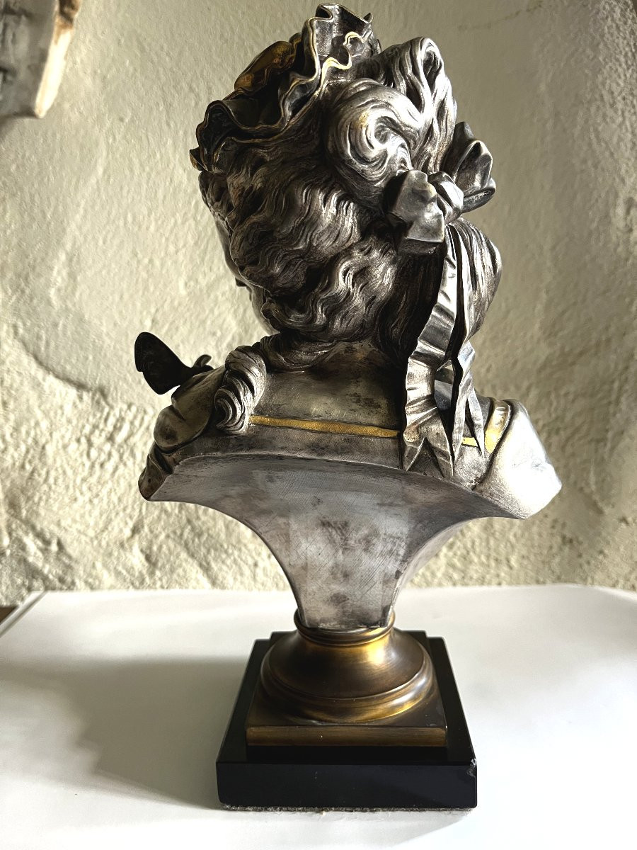 "young Woman With Butterfly", Silvered And Gilt Bronze By Auguste Peiffer (1832-1886).-photo-2