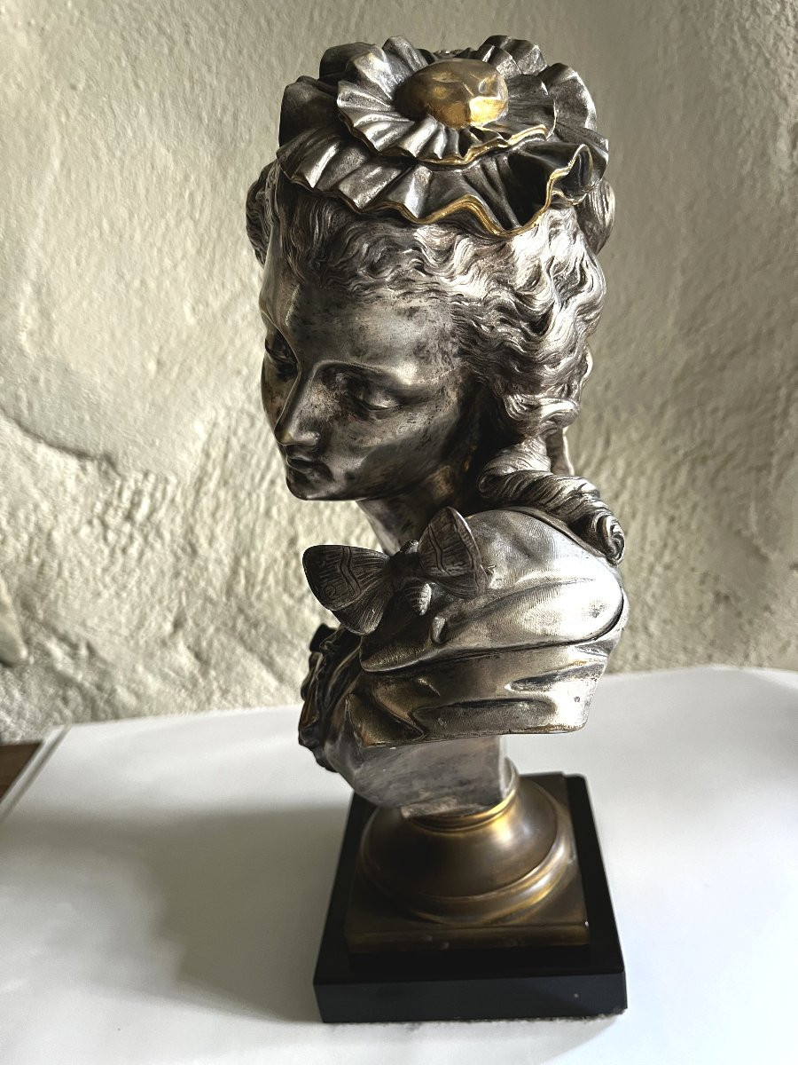 "young Woman With Butterfly", Silvered And Gilt Bronze By Auguste Peiffer (1832-1886).-photo-3