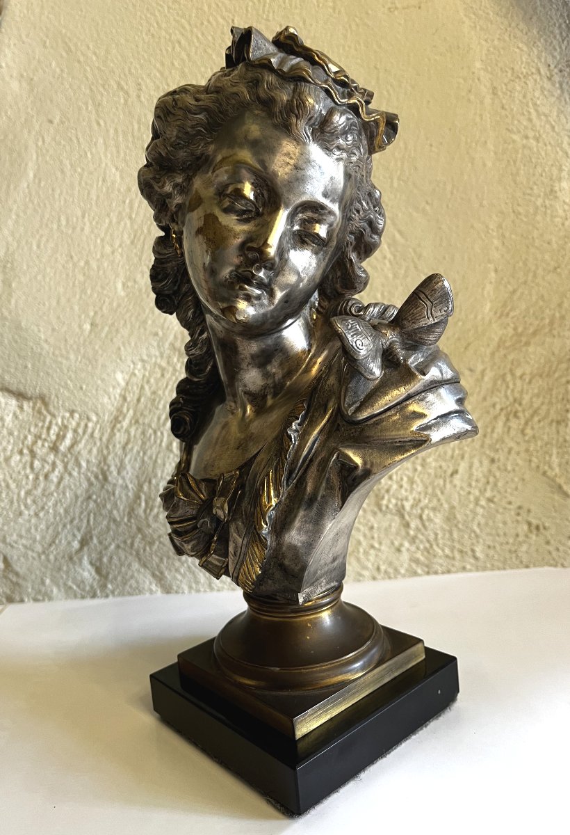 "young Woman With Butterfly", Silvered And Gilt Bronze By Auguste Peiffer (1832-1886).-photo-4