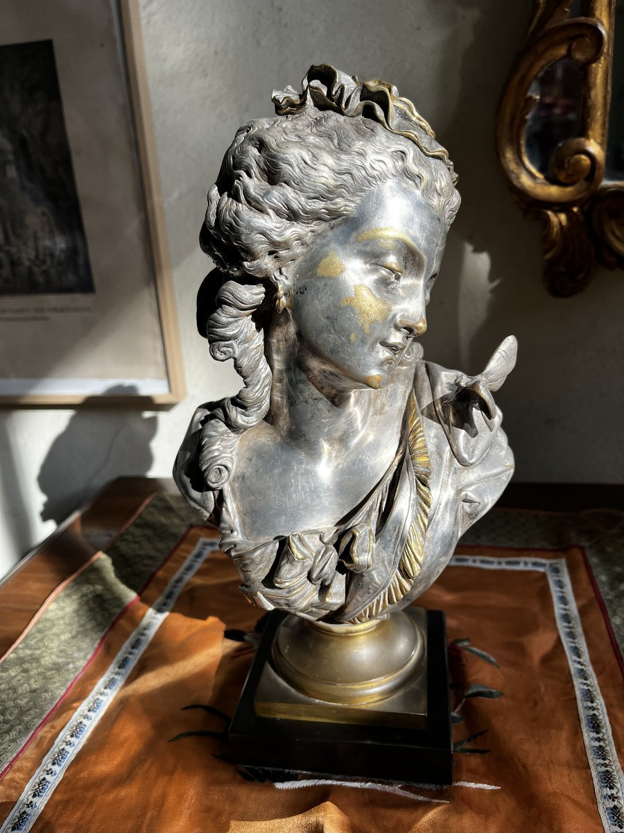 "young Woman With Butterfly", Silvered And Gilt Bronze By Auguste Peiffer (1832-1886).