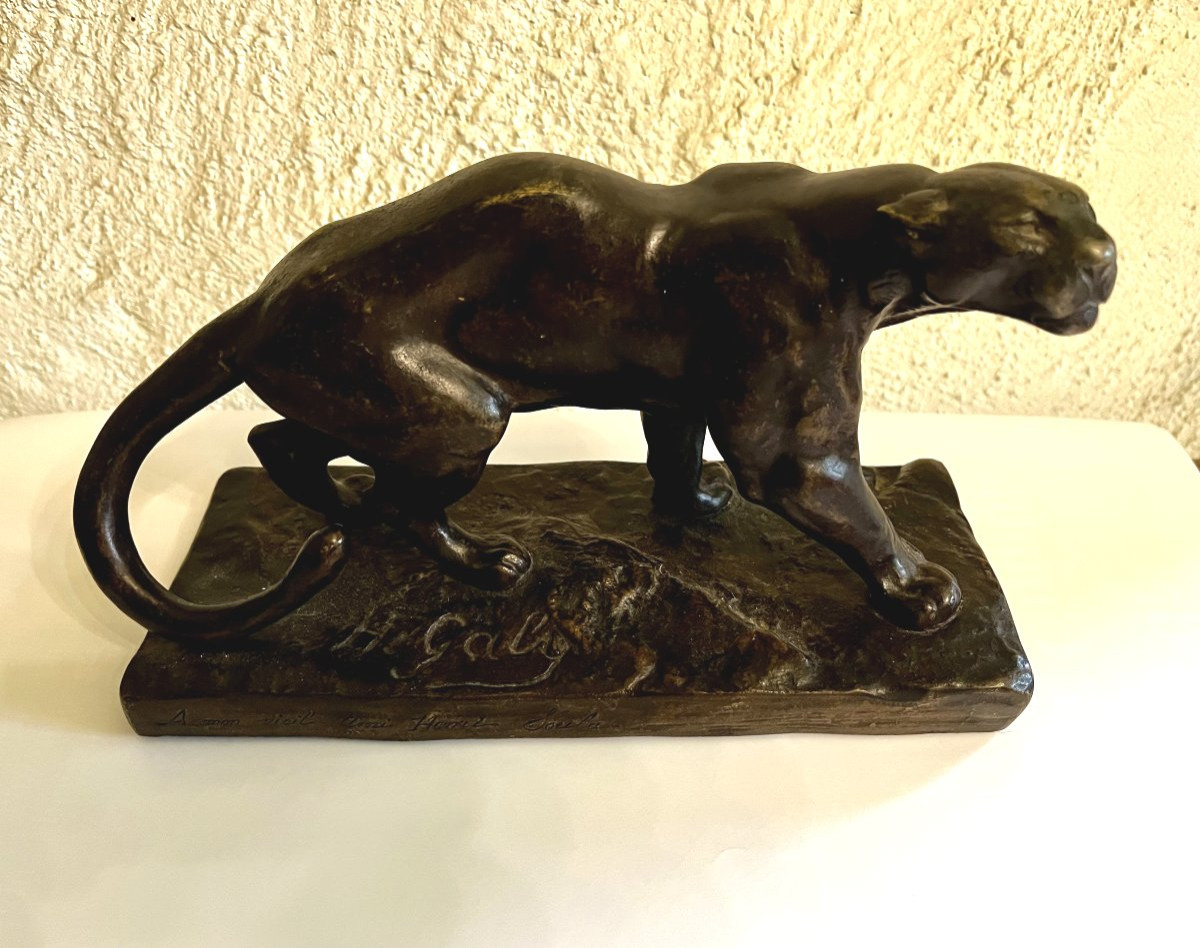 Bronze Panther Signed Hippolyte Galy, And Dedicated By The Artist.-photo-3