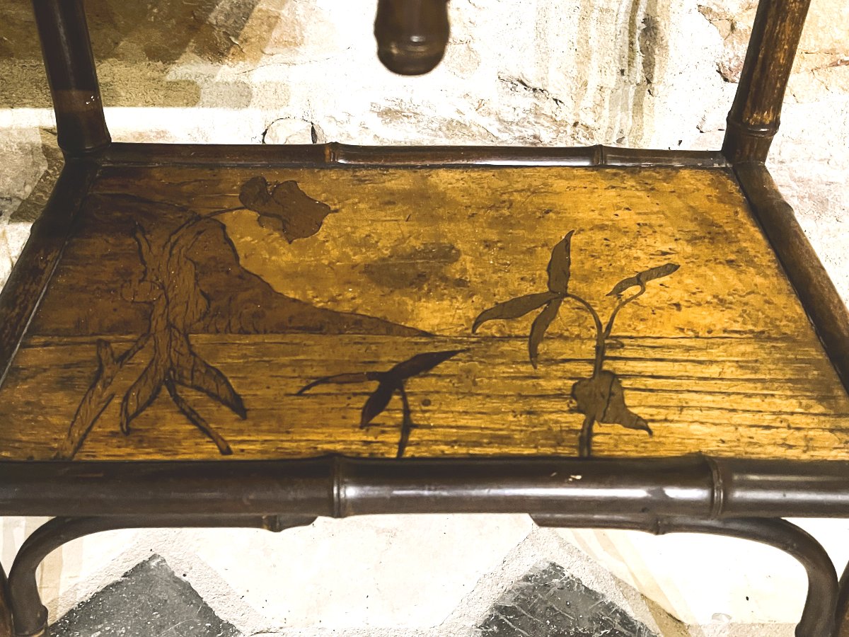 Art Nouveau Table, Bamboo And Marquetry, Late 19th Century.-photo-3
