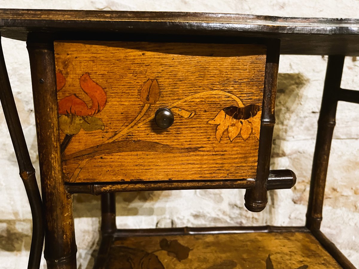 Art Nouveau Table, Bamboo And Marquetry, Late 19th Century.-photo-4