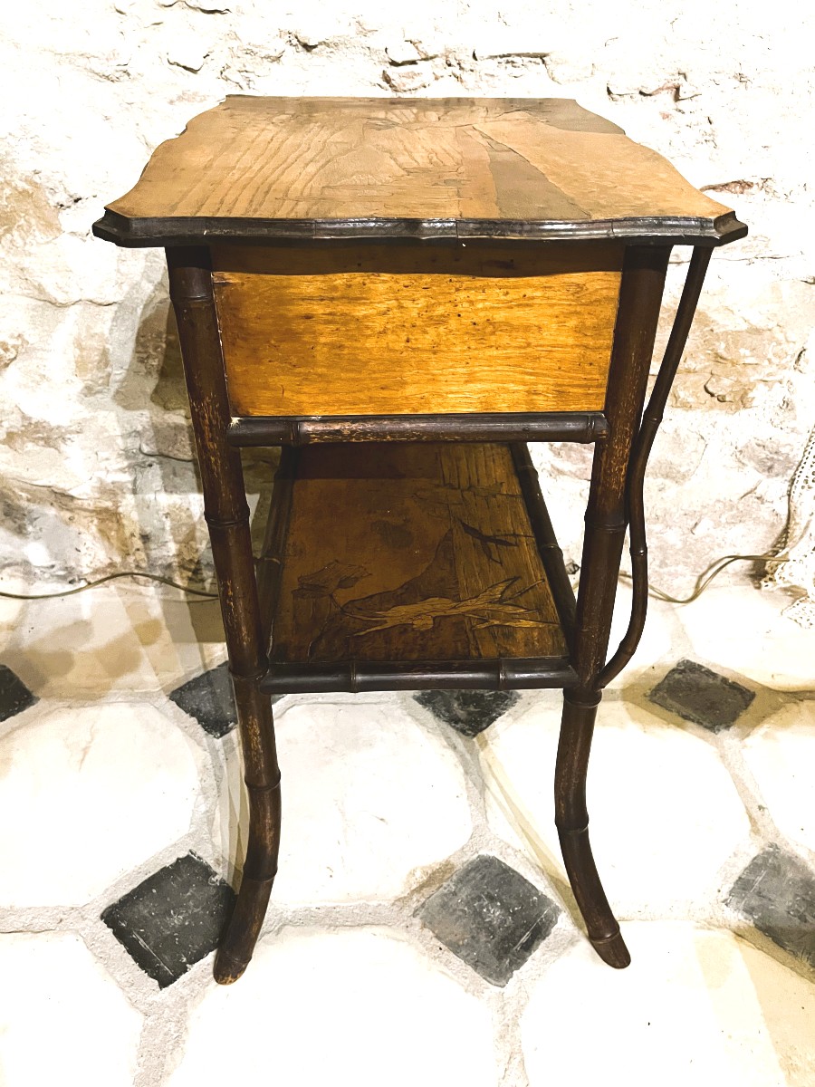 Art Nouveau Table, Bamboo And Marquetry, Late 19th Century.-photo-1