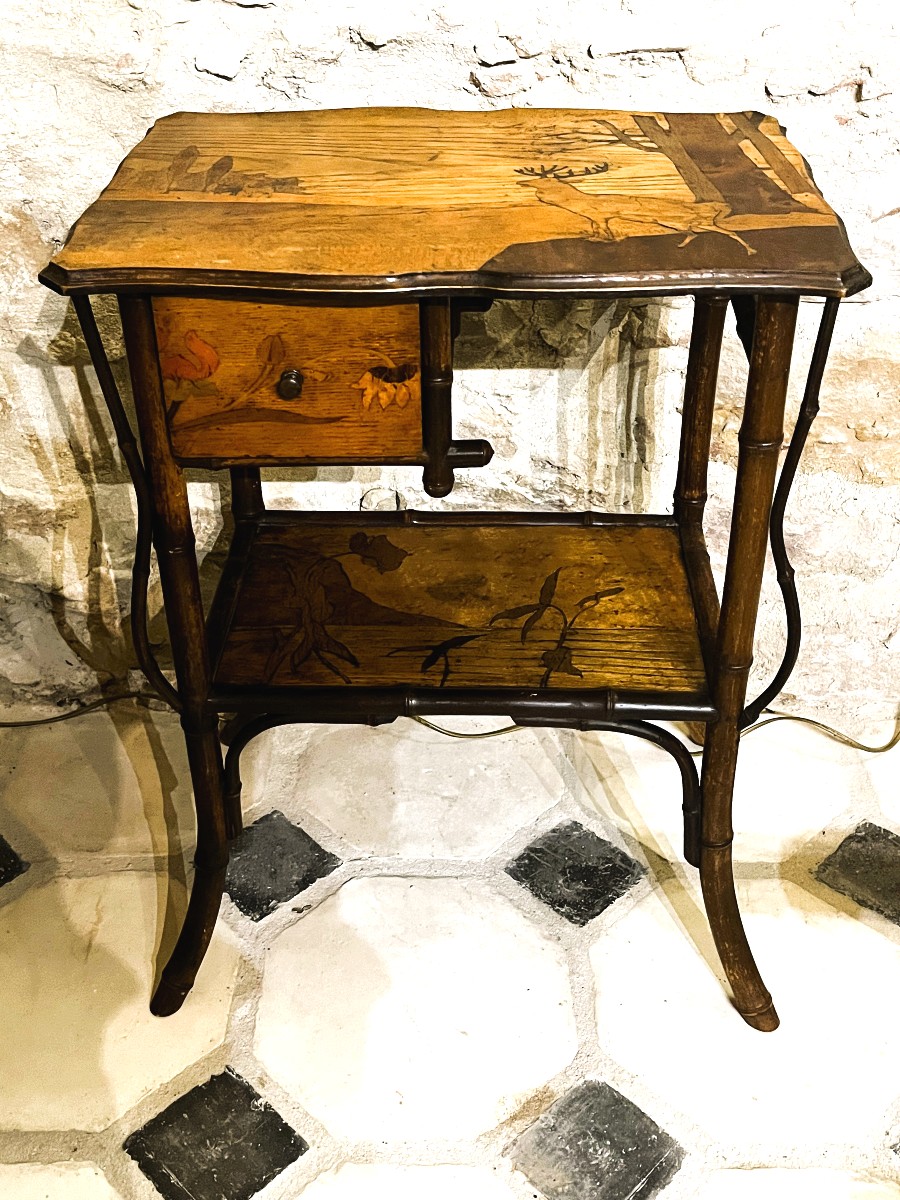 Art Nouveau Table, Bamboo And Marquetry, Late 19th Century.