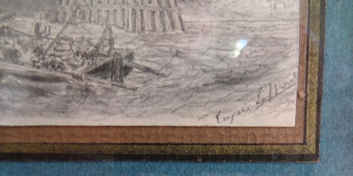Graphite Drawing, Marine Scene, Early 19th Century-photo-2