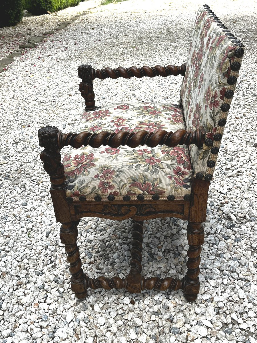 Pair Of Louis XIII Style Armchairs, In Solid Carved Oak And Tapestry-photo-2