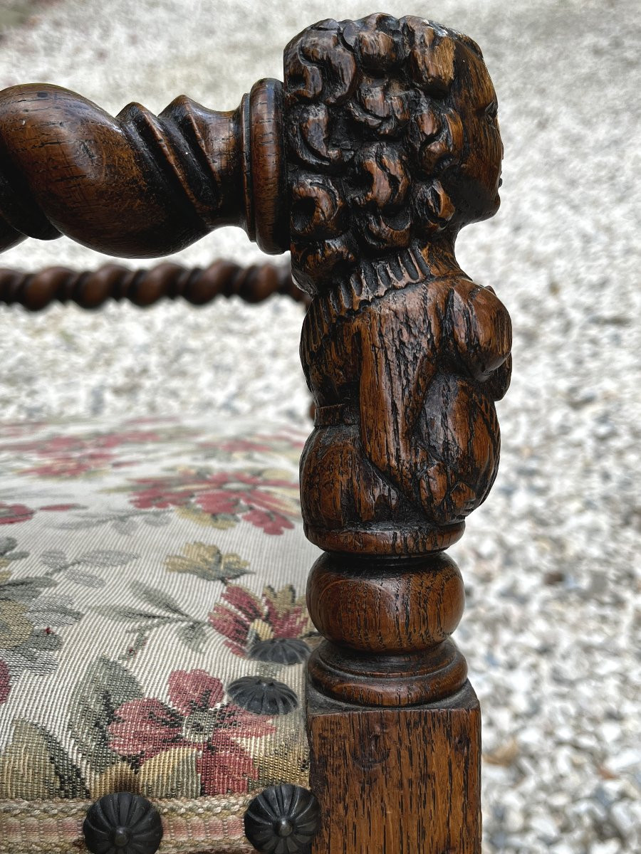 Pair Of Louis XIII Style Armchairs, In Solid Carved Oak And Tapestry-photo-3