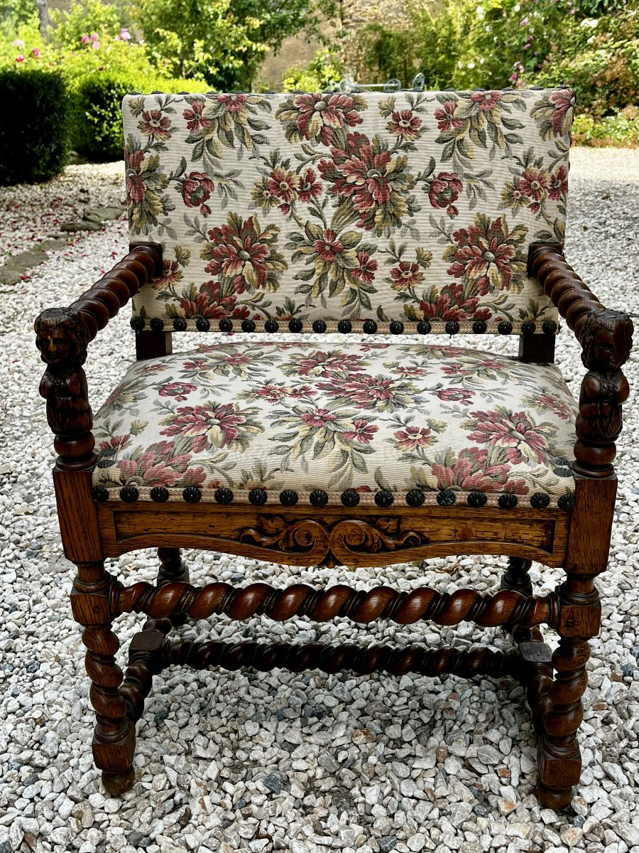 Pair Of Louis XIII Style Armchairs, In Solid Carved Oak And Tapestry-photo-4