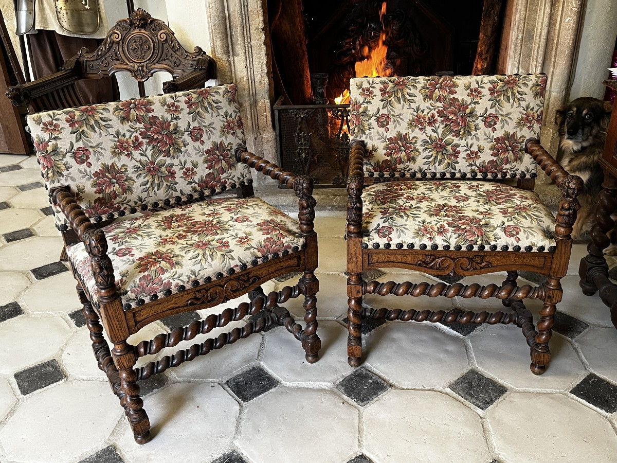 Pair Of Louis XIII Style Armchairs, In Solid Carved Oak And Tapestry