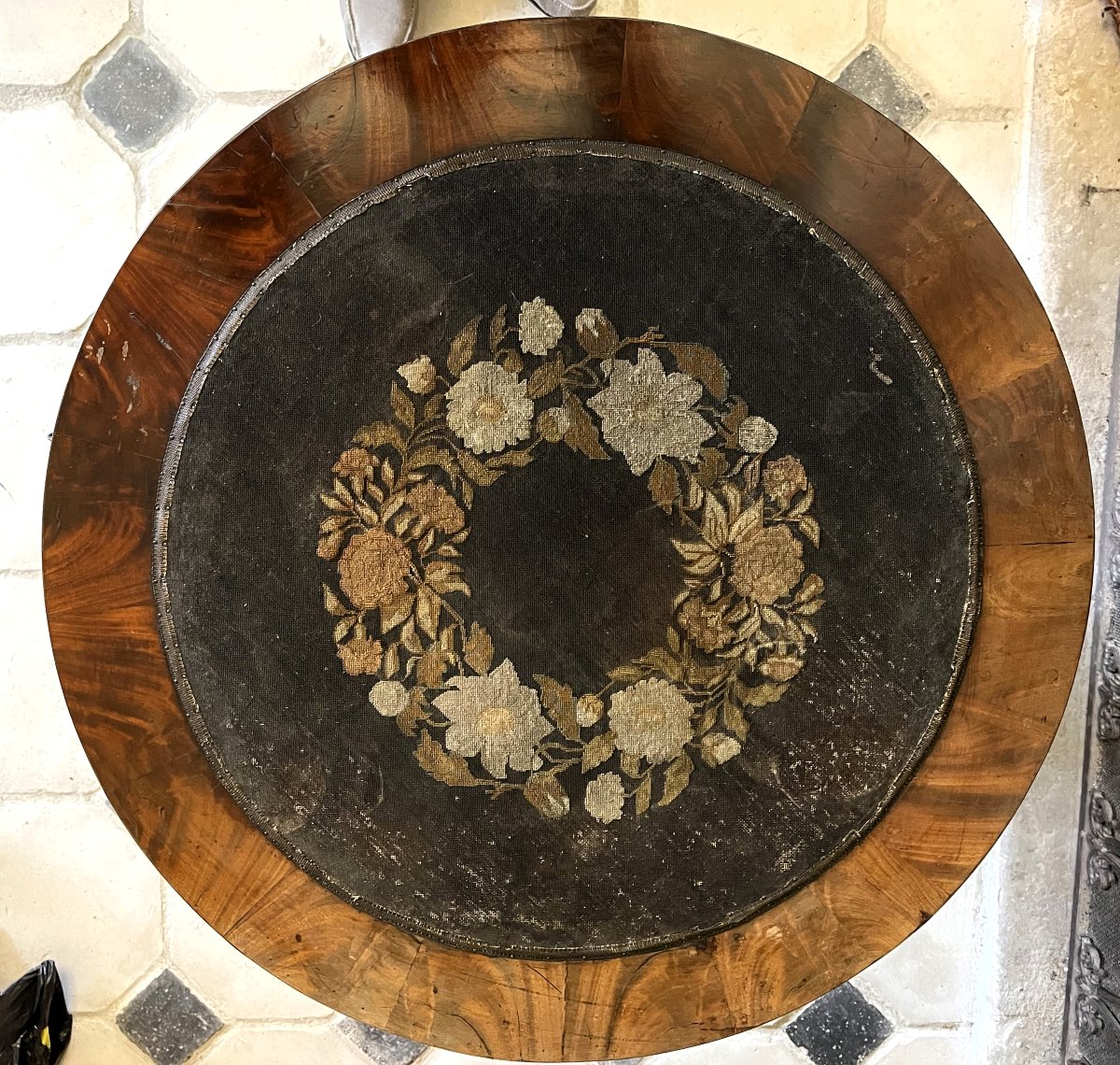 Empire Style Tripod Pedestal Table, Mahogany With Embroidered Top, Early 19th Century.-photo-2