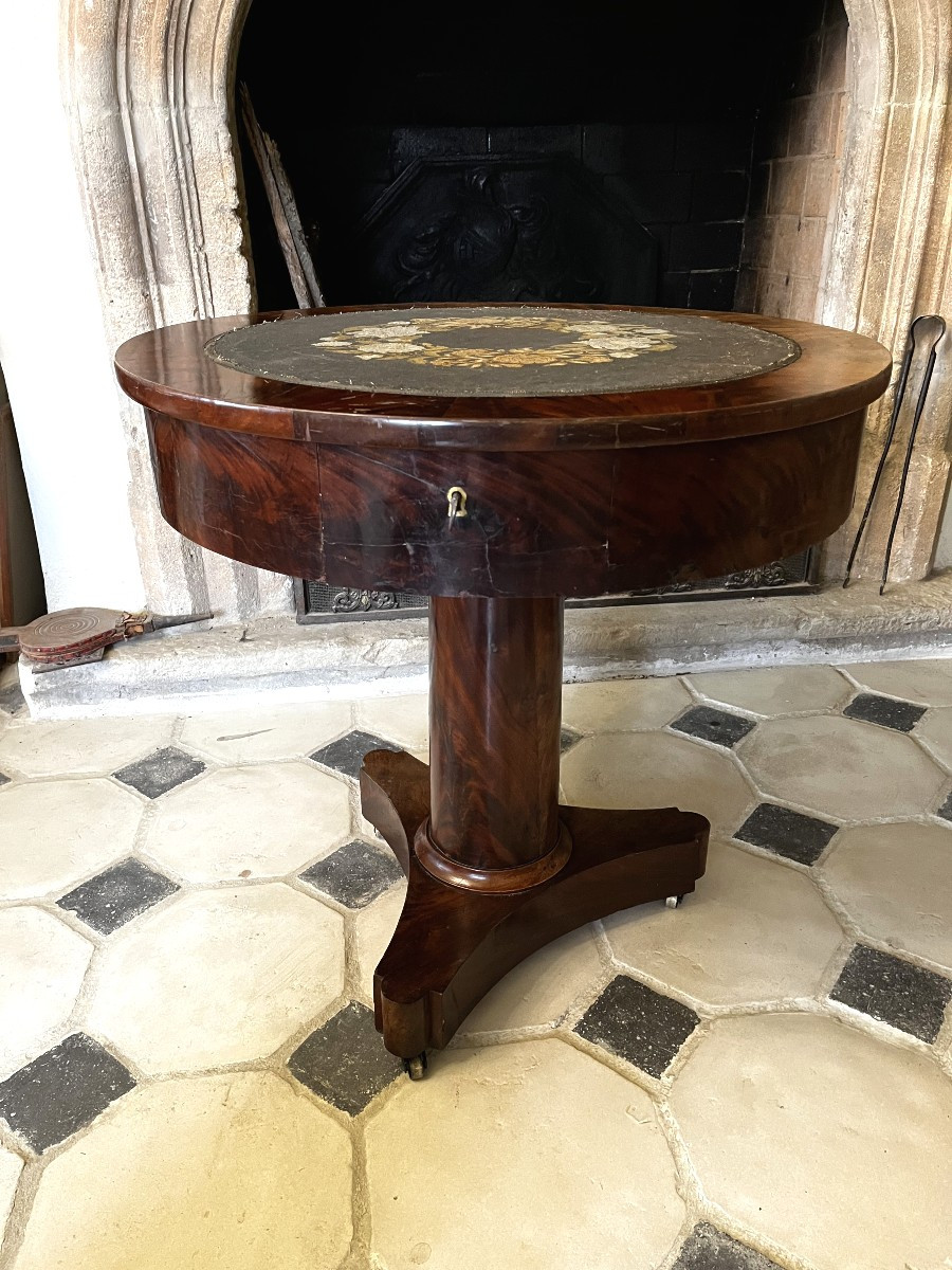 Empire Style Tripod Pedestal Table, Mahogany With Embroidered Top, Early 19th Century.