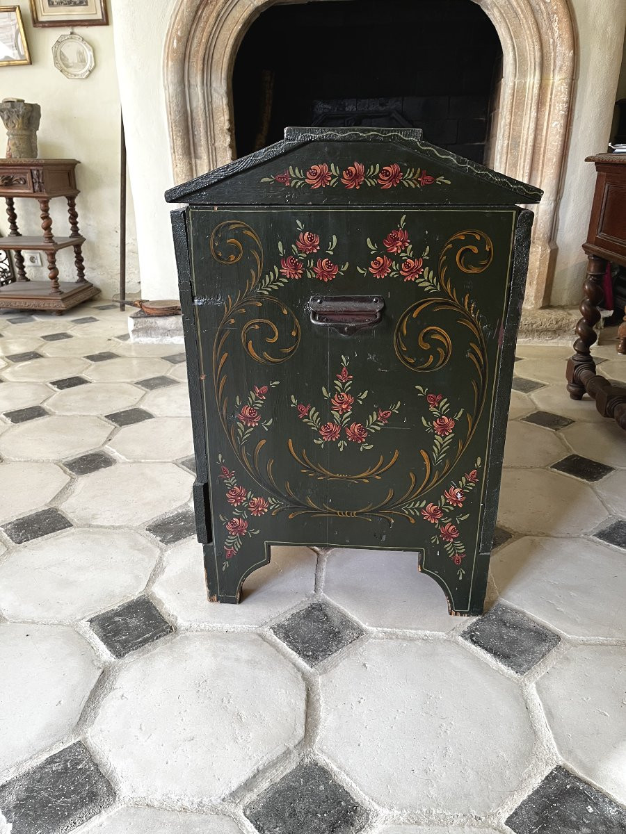 Dutch Hindeloopen Style Chest, With Hand-painted Decoration On A Dark Green Background.-photo-4