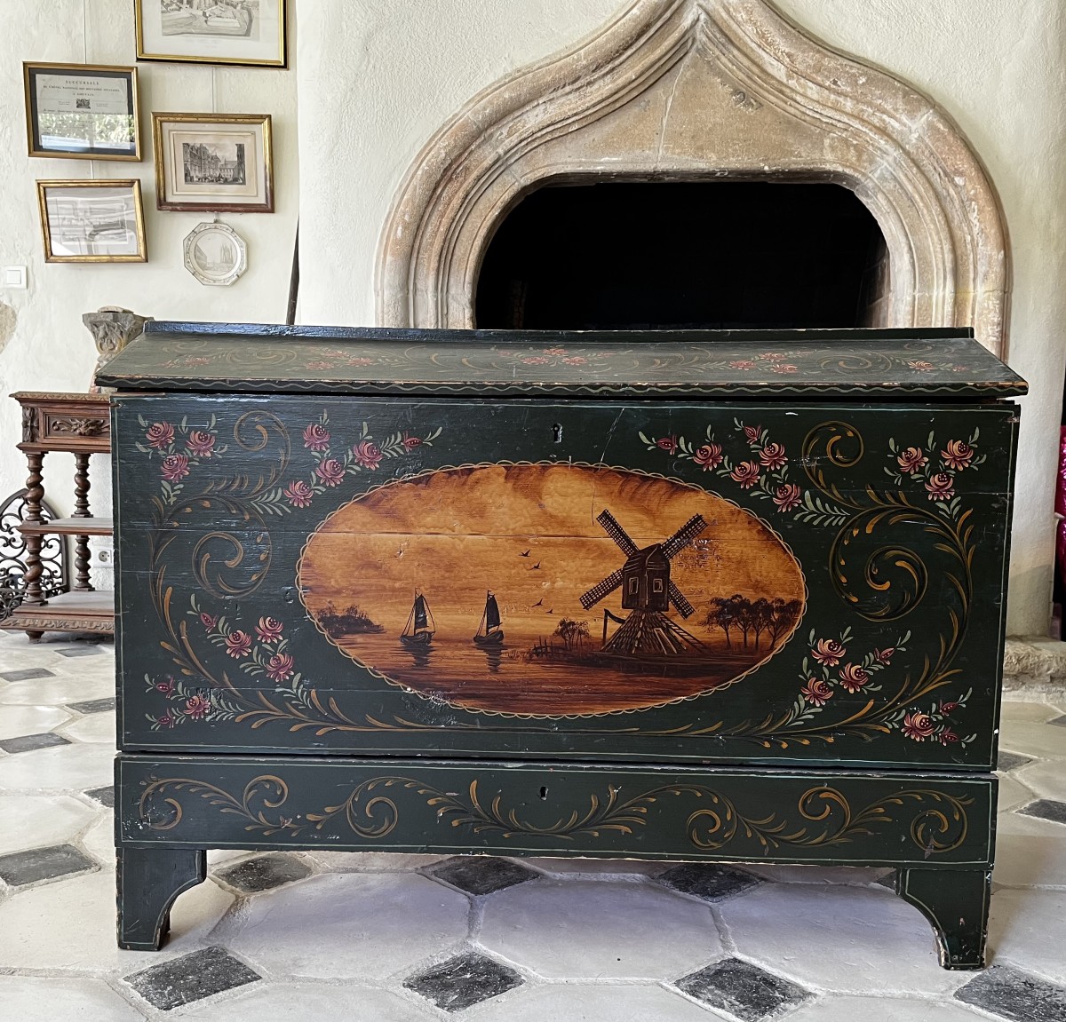 Dutch Hindeloopen Style Chest, With Hand-painted Decoration On A Dark Green Background.
