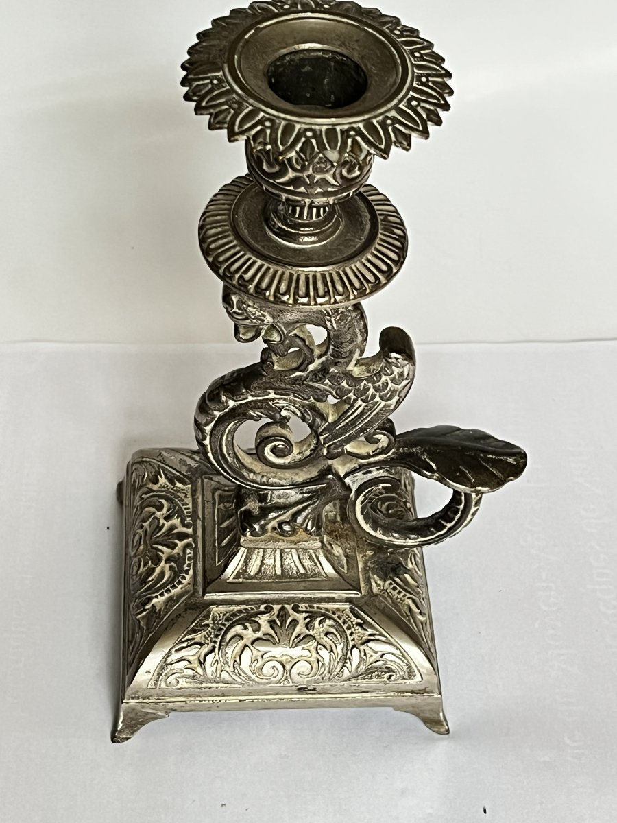 Bougeoir bronze argenté, époque 19ème siècle-photo-4