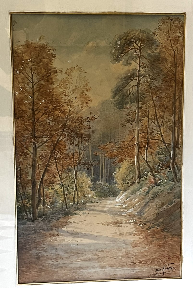 Aquarelle "Chemin en sous-bois" par Mathieu Kohler, fin 19ème siècle-photo-2