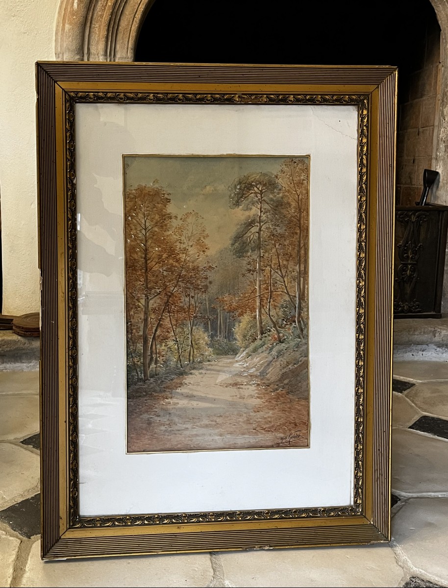 Aquarelle "Chemin en sous-bois" par Mathieu Kohler, fin 19ème siècle