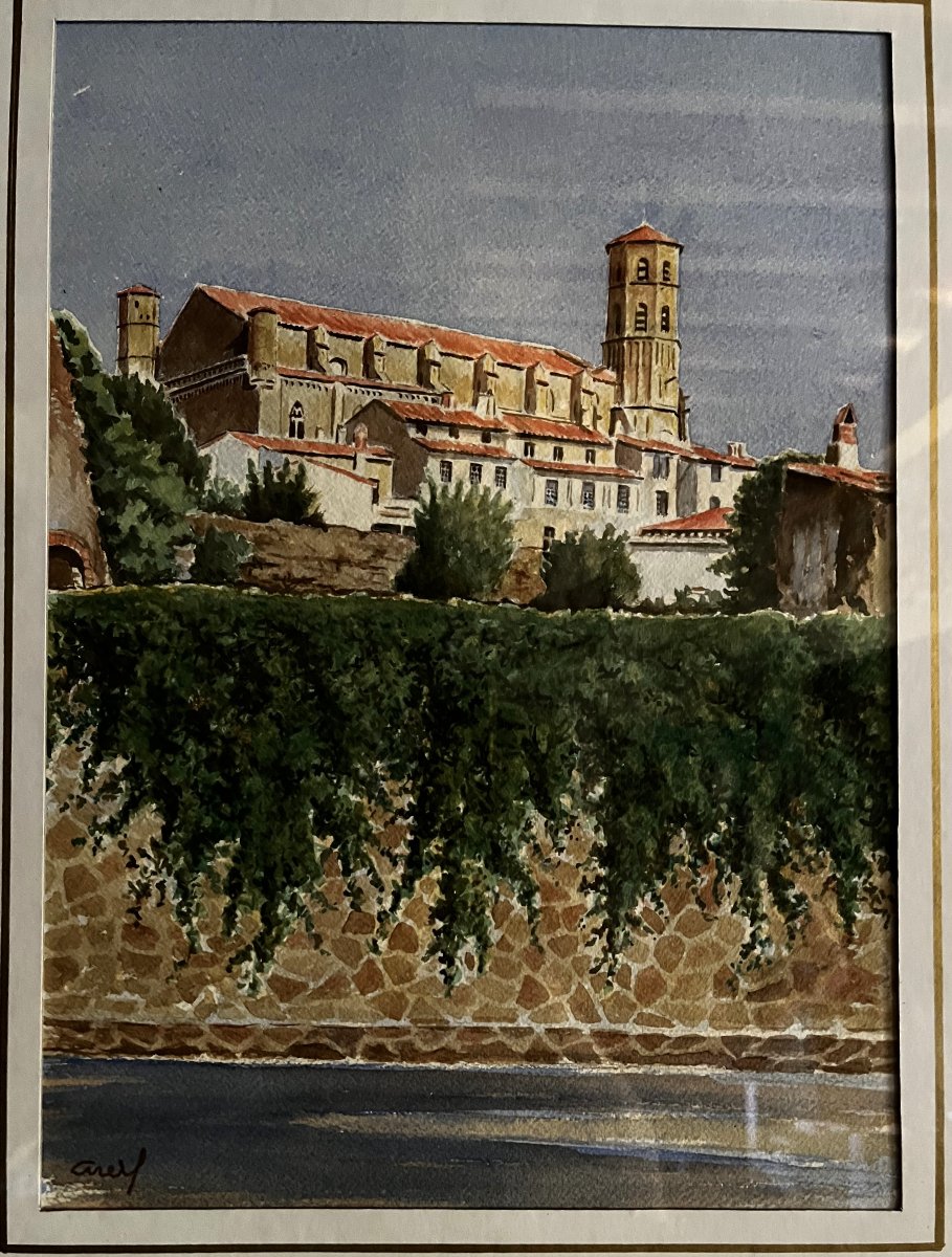 La collégiale de Montréal d'Aude, aquarelle de Sylvain Arellano.-photo-2